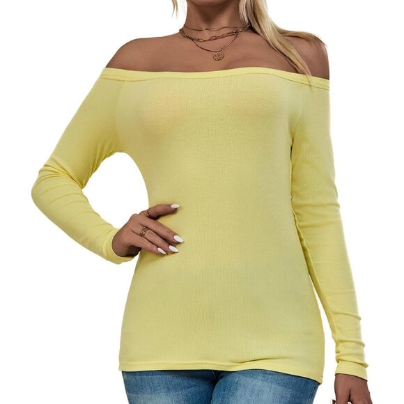 🆕 Women Yellow Long Sleeve Shoulder Tops Ribbed Basic Trendy Stretchy Shirt Off - Picture 5 of 6